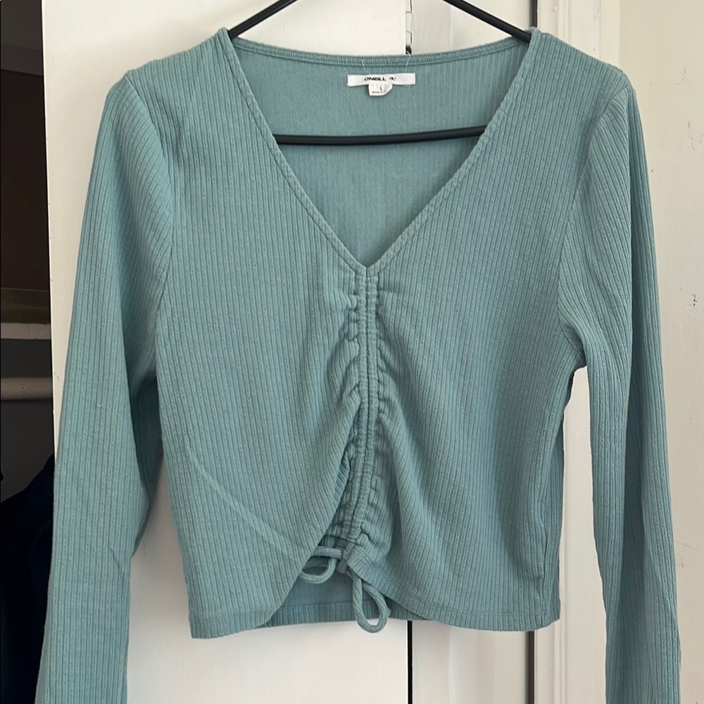 O'Neill Blue Ruched Tie Front Crop Blouse